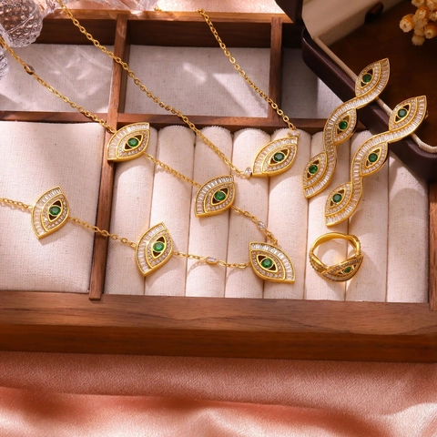 Vintage Stainless Steel Evil Eye Necklace Long Drop Earrings And Ring Gold Plated Green Zirconia Jewelry For Women