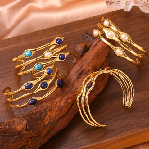 Bracciale Rigido Vintage in Acciaio Inossidabile Placcato Oro 18K a Onda Per Donna Con Intarsio Di Occhio Di Tigre E Perla Gioielli Bohémien