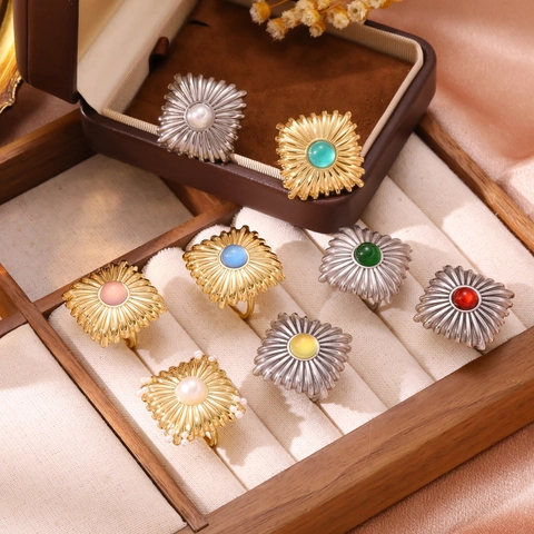 Anello Vintage in Acciaio Inossidabile con Motivo a Raggi di Sole per Donna Perla Artificial Sintetica Pietra Naturale Intarsiata Gioielli Bohemian