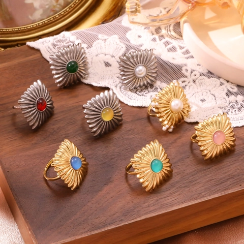 Anello Vintage in Acciaio Inossidabile con Motivo a Raggi di Sole per Donna Perla Artificial Sintetica Pietra Naturale Intarsiata Gioielli Bohemian