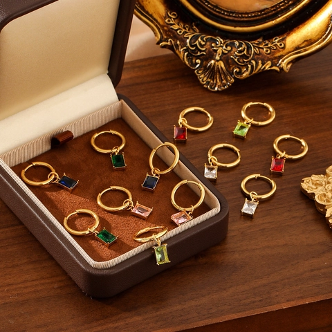 Vintage Rechteckige Zirkonia Ohrreifen Für Damen Edelstahl 18K Vergoldet Kleine Geometrische Kristall Ohrhänger Schmuck