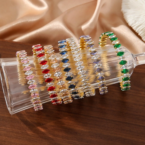Lussuoso Bracciale Rigido Regolabile in Acciaio Inossidabile con Strass Marquise Placcato Oro 18K Bracciale Aperto in Cristallo Colorato Donna