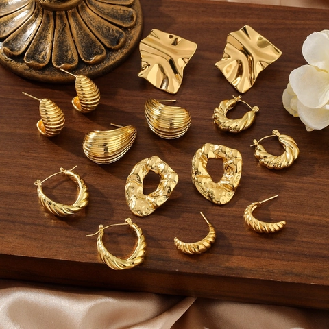 Orecchini Vintage Francesi Placcati Oro 18K in Acciaio Inossidabile Martellato Croissant Twist Orecchini a Cerchio Gioielli Donna Coppia