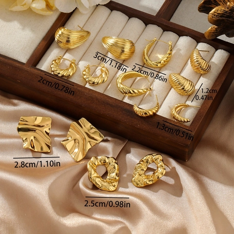 Orecchini Vintage Francesi Placcati Oro 18K in Acciaio Inossidabile Martellato Croissant Twist Orecchini a Cerchio Gioielli Donna Coppia