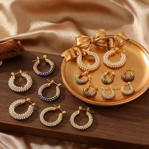 Pendientes de Aro de Acero Inoxidable Con Zirconia Perla Artificial de Imitación Strass para Mujer Joyas Vintage Bañadas en Oro Arcoíris