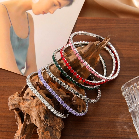 Fashion Stainless Steel Elastic Tennis Bracelet Colorful Cubic Zirconia Inlaid Stretch Bangle For Women Daily Party Jewelry Gift