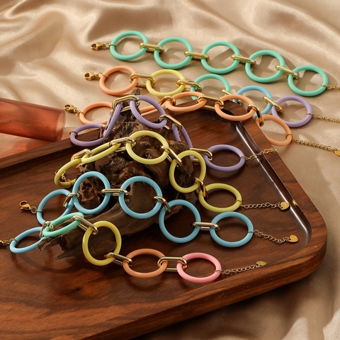 Bracciale a Catena con Anelli in Acrilico Colorato in Acciaio Inossidabile con Ciondolo a Cuore Gioielli Regolabili da Donna