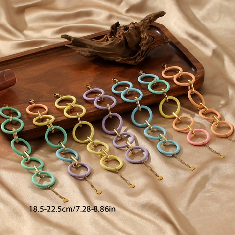 Bracciale a Catena con Anelli in Acrilico Colorato in Acciaio Inossidabile con Ciondolo a Cuore Gioielli Regolabili da Donna