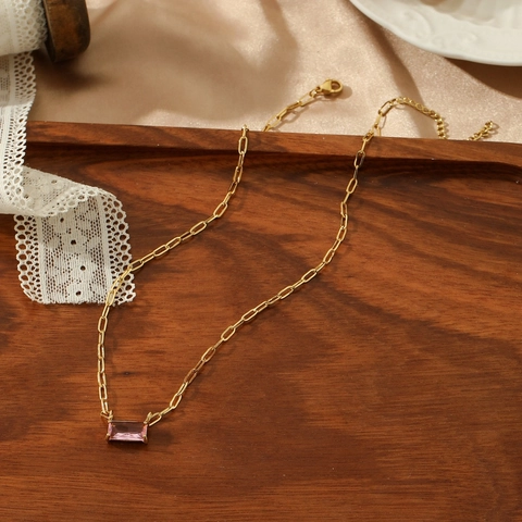 Elegante Collana a Catena a Graffetta in Acciaio Inossidabile Con Ciondolo in Zirconia Rettangolare Per Donna Gioielli