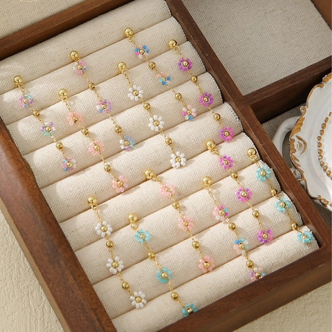 Hand Woven Seed Bead Daisy Flower Dangle Earrings For Women Fresh Sweet Stainless Steel Post Long Tassel Ear Jewelry