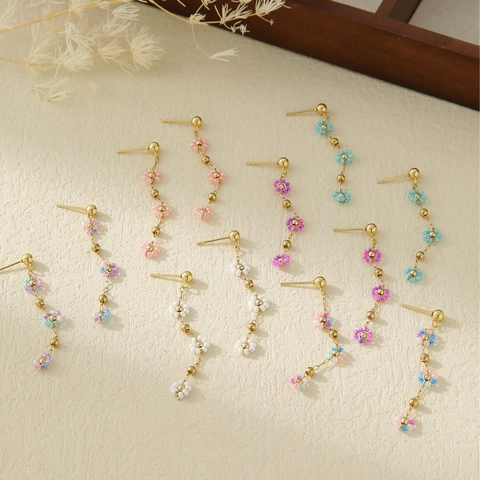 Hand Woven Seed Bead Daisy Flower Dangle Earrings For Women Fresh Sweet Stainless Steel Post Long Tassel Ear Jewelry