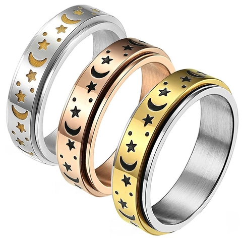 Anillo Spinner de Acero Inoxidable Patrón Celestial Estrella Luna Margarita Giratorio Alivio de la Ansiedad Reducción del Estrés Meditación Joyería de Dedo para Hombre Mujer