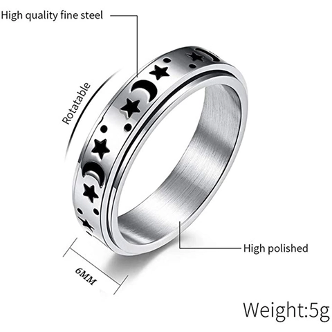 Anillo Spinner de Acero Inoxidable Patrón Celestial Estrella Luna Margarita Giratorio Alivio de la Ansiedad Reducción del Estrés Meditación Joyería de Dedo para Hombre Mujer