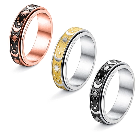 Anillo Spinner de Acero Inoxidable Vintage Sol Luna Estrellas Anillo Giratorio para Alivio de Ansiedad y Estrés Joyería de Moda para Mujer y Hombre