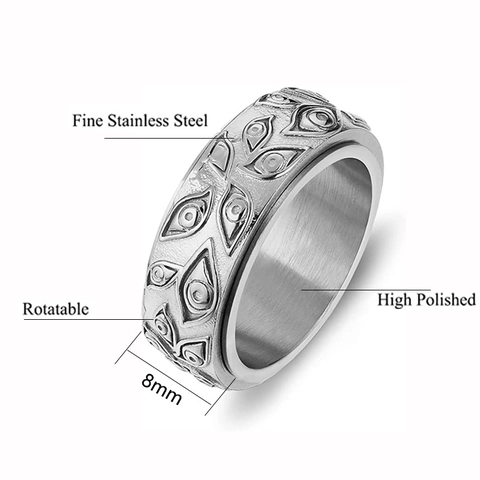 Stainless Steel Rotatable Spinner Ring For Men Women High Polished Embossed Evil Eye Relief Anxiety Stress Relief Fidget Ring Vintage Jewelry