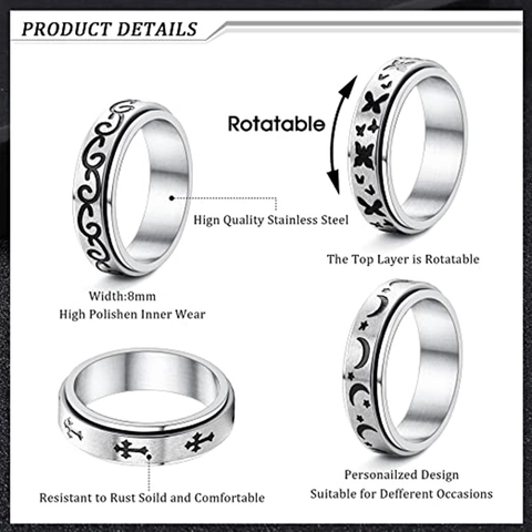 Anillo de Acero Inoxidable Vintage con Spinner Giratorio para Aliviar el Estrés Estrella Celestial Luna Mariposa Cruz Anillos para Hombres Mujeres Joyería