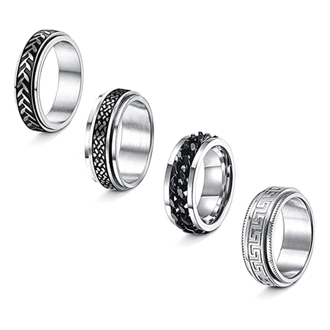 Bague Spinner en Acier Inoxydable Homme Soulagement Anxiété Rotatif Chaîne Feuille Motif Méandre Grec Anneau Bijoux Unisexe