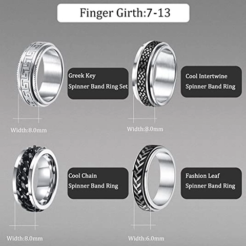Bague Spinner en Acier Inoxydable Homme Soulagement Anxiété Rotatif Chaîne Feuille Motif Méandre Grec Anneau Bijoux Unisexe