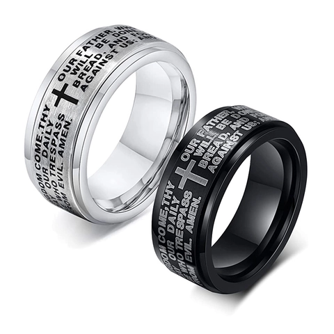 Anillo Spinner Padre Nuestro de Acero Inoxidable de 8mm para Hombre Mujer Cruz Religiosa Grabada Alivio del Estrés Joyería
