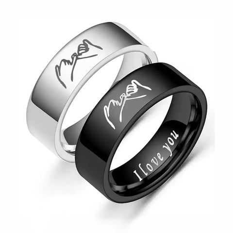 Anillo de Promesa del Meñique de Acero Inoxidable Grabado I Love You Anillos de Pareja Plata Negro Joyería Hombre Mujer