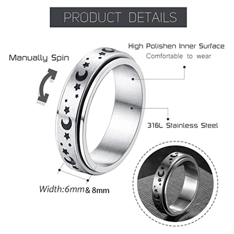 Anillo Spinner de Acero Inoxidable 316L Para Aliviar la Ansiedad Mito de Estrella y Luna Anillo Giratorio Joyería de Moda Simple Sol Luna Estrella Para Hombre Mujer