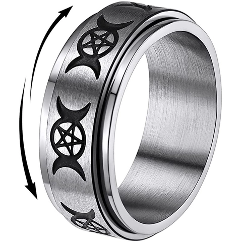 Anillo Spinner Pentagrama Triple Luna de Acero Inoxidable Vintage para Hombre Mujer Anillo Giratorio Místico Luna Estrella Alivio Ansiedad