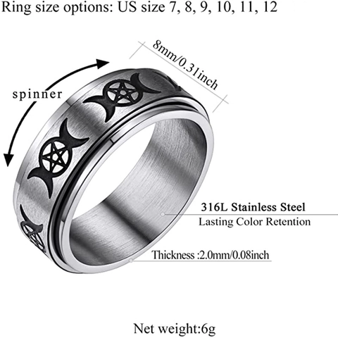 Anillo Spinner Pentagrama Triple Luna de Acero Inoxidable Vintage para Hombre Mujer Anillo Giratorio Místico Luna Estrella Alivio Ansiedad