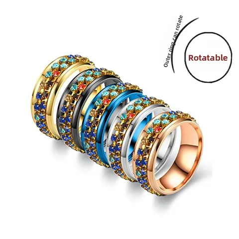 Anillo de Spinner de Acero Inoxidable de Titanio Con Cadena de Diamantes de Imitación Coloridos Para Aliviar Estrés Joyería Moda