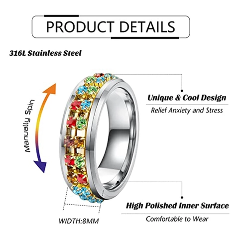 Anillo de Spinner de Acero Inoxidable de Titanio Con Cadena de Diamantes de Imitación Coloridos Para Aliviar Estrés Joyería Moda