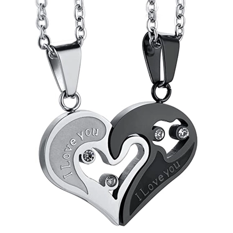 Stainless Steel Heart Puzzle Matching Necklaces For Couples Engraved I Love You Rhinestone Pendant Romantic Jewelry Gift