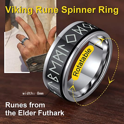 Anillo Giratorio de Runas Vikingas Nórdicas para Hombres Mujeres de Acero Inoxidable Titanio Alivio del Estrés Spinner Ring Joyería Futhark