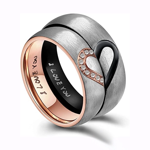 Anillo de Pareja de Acero Inoxidable Cepillado Empalme de Corazón Grabado I Love You Zirconia Incrustada Joyería de Moda Romántica