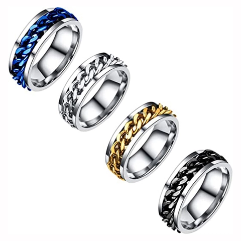 Men Stainless Steel Rotatable Chain Spinner Ring Industrial Hip Hop Fashion Band Jewelry For Daily Stress Relief Gift