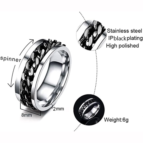Men Stainless Steel Rotatable Chain Spinner Ring Industrial Hip Hop Fashion Band Jewelry For Daily Stress Relief Gift