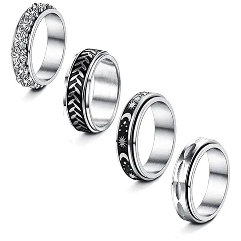 Edelstahl Spinner Ring Zur Angstlinderung Unisex Drehbarer Bandring Mit Gänseblümchen Mond Stern Blatt Muster Fidget Schmuck