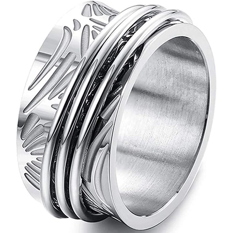 Anillo Spinner de Flor Vintage para Mujer de Acero Inoxidable de Titanio Alivio del Estrés Ansiedad Patrón de Luna Estrella Mariposa Hoja Joyería de Banda Ancha