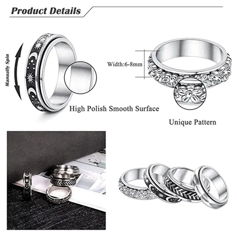 Edelstahl Spinner Ring Zur Angstlinderung Unisex Drehbarer Bandring Mit Gänseblümchen Mond Stern Blatt Muster Fidget Schmuck