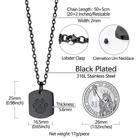 Pet Memorial Cremation Urn Necklace Titanium Stainless Steel Paw Print Pendant Ashes Keepsake Military Dog Tag Necklace