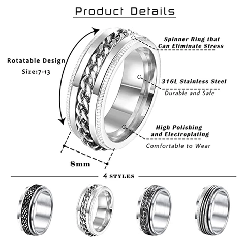 Stainless Steel Spinner Ring For Anxiety Relief Rotatable Chain Frosted Geometric Band Ring For Men Women Fashion Jewelry