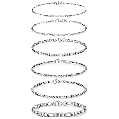 Pulsera de Cadena de Eslabones de Acero Inoxidable Minimalista para Hombres Mujeres Estilo Figaro Cubano Cuerda Box Color Plata Joyería