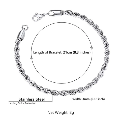 Pulsera de Cadena de Eslabones de Acero Inoxidable Minimalista para Hombres Mujeres Estilo Figaro Cubano Cuerda Box Color Plata Joyería