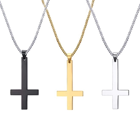 Vintage Stainless Steel Inverted Cross Pendant Necklace For Men Women Retro Punk Gothic Curb Chain Metal Jewelry Gift