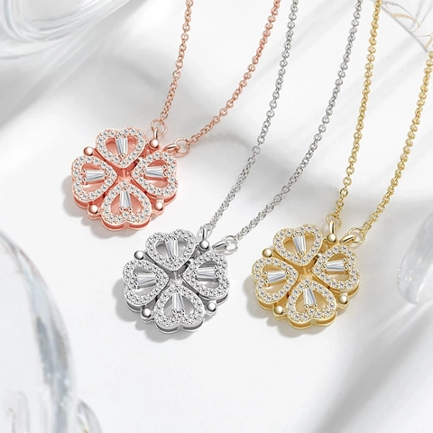 Collana a Quadrifoglio a Cuore Pieghevole Magnetica in Acciaio Inossidabile per Donna Ciondolo in Zirconia Gioielli a Due Modi