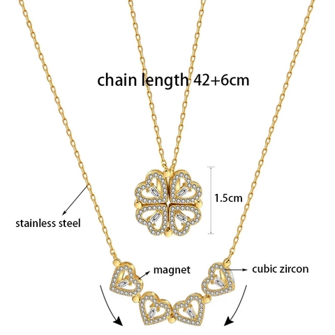 Collana a Quadrifoglio a Cuore Pieghevole Magnetica in Acciaio Inossidabile per Donna Ciondolo in Zirconia Gioielli a Due Modi