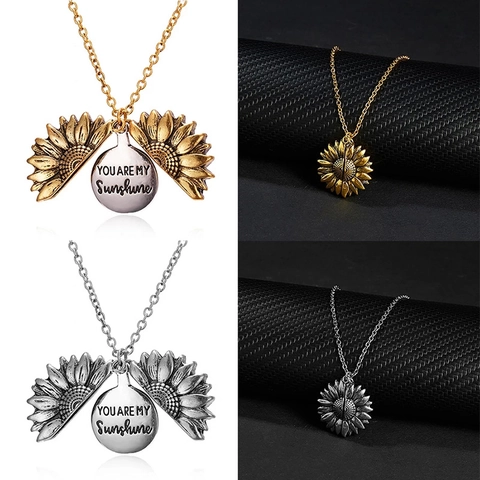 Collier Pendentif Médaillon Ouvrable en Alliage Vintage Tournesol Gravé You Are My Sunshine Bijoux Memorial Cadeau Femme