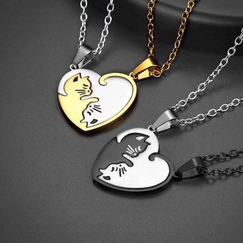 Stainless Steel Cat Puzzle Heart Pendant Necklace For Couples Best Friends Yin Yang Hugging Cats Matching Pendant Chain Jewelry Gift