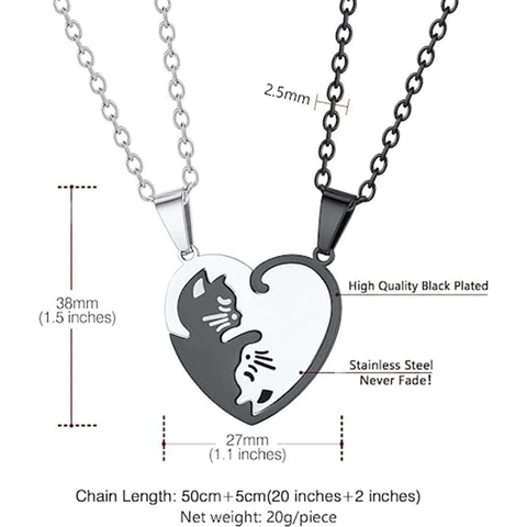 Stainless Steel Cat Puzzle Heart Pendant Necklace For Couples Best Friends Yin Yang Hugging Cats Matching Pendant Chain Jewelry Gift