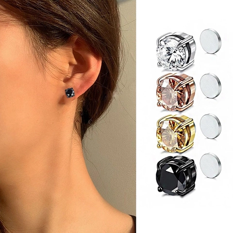 Magnetic Zirconia Stud Earrings Non Pierced Round 4 Prong Gold Silver Rose Gold Black For Men Women Fashion Jewelry