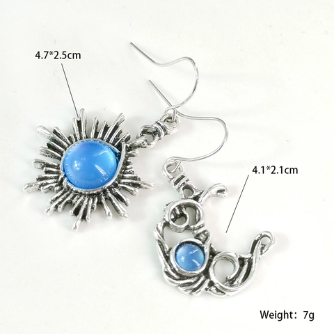 Pendientes Colgantes Asimétricos de Sol y Luna Vintage para Mujer Pendientes Boho de Plata Antigua con Piedra de Luna