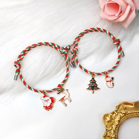 Christmas Braided Bracelets Alloy Enamel Santa Claus Reindeer Christmas Tree Charms Magnetic Connection Adjustable Festive Holiday Jewelry For Couples Friends